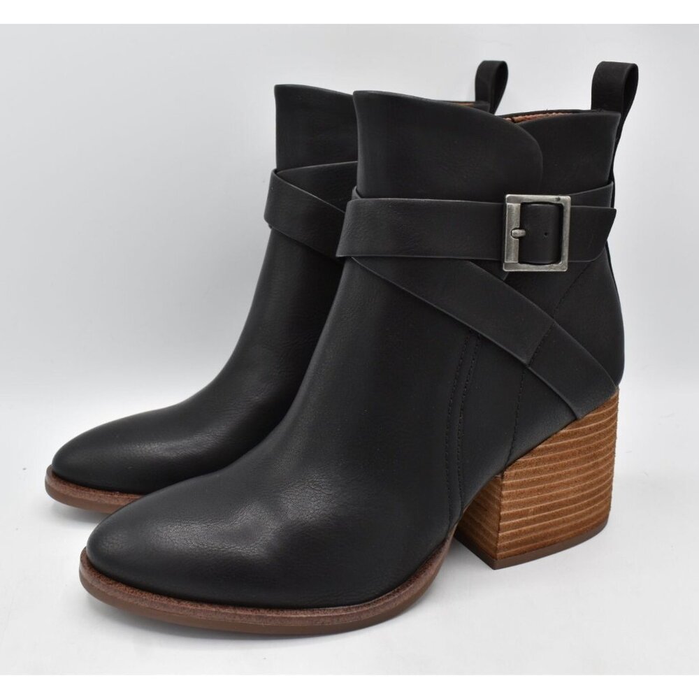 Korks Womens Size 7.5 Shyla Stacked Block Heel Black PU Zip Buckle Booties Boots